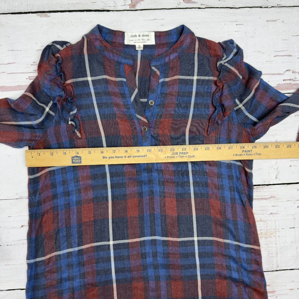 Cloth & Stone Anthropologie Plaid Tunic Dress Blue S Ruffle‎ - Picture 9 of 9